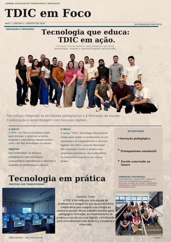 Capa da edição 01 do jornal TDIC em Foco, agosto de 2026